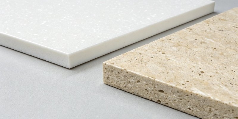 Side-by-side comparison of a pure white acrylic solid surface and a blended solid surface