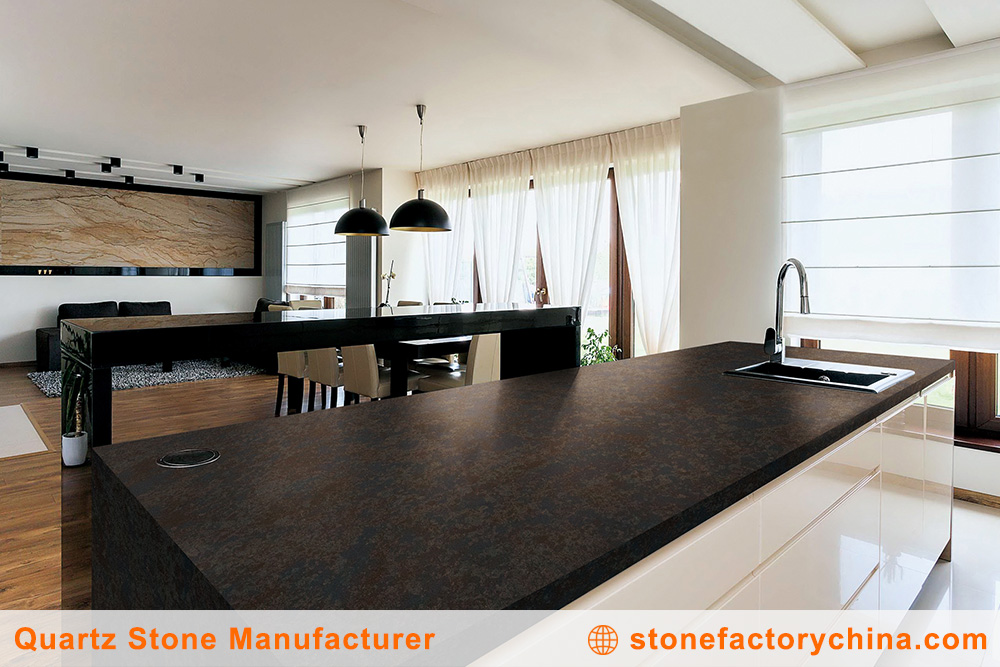 Benefits of Jumbo Quartz Slabs A luxurious modern kitchen with a large, seamless quartz island