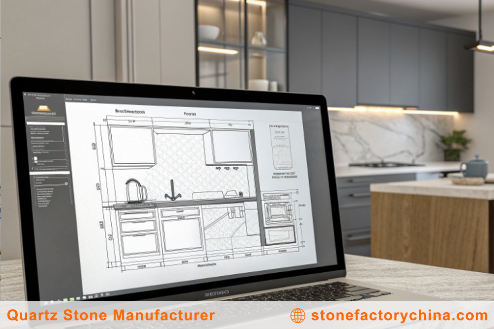 CAD Software for Countertop Layout A computer screen showing a CAD layout for a kitchen countertop on a quartz slab.
